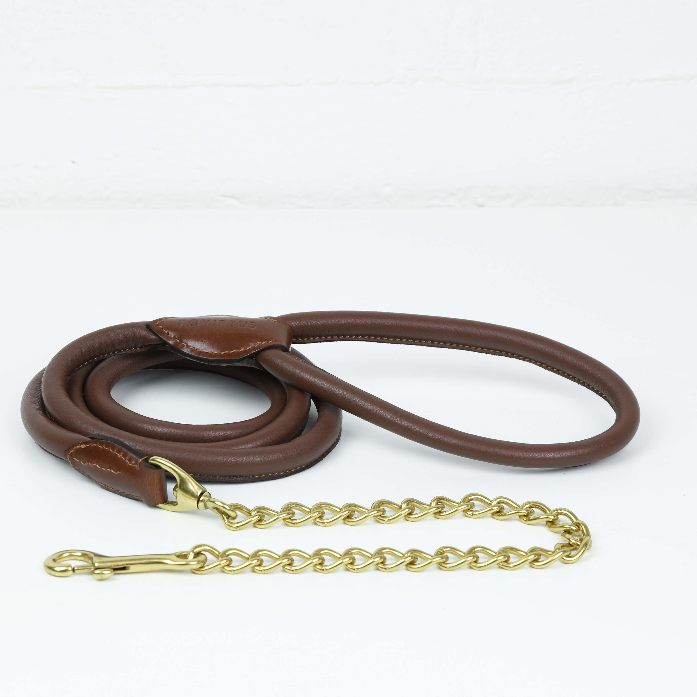 Lentus Chain Tabacco lederen halstertouw - Rondsgevlochten halstertouw met ketting